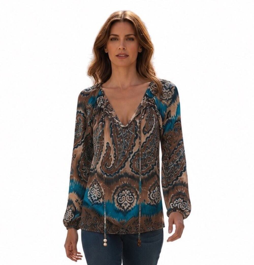 Agenda Paisley Blouse Women’s Medium Turquoise Brown Boho V-Neck Peasant Top
